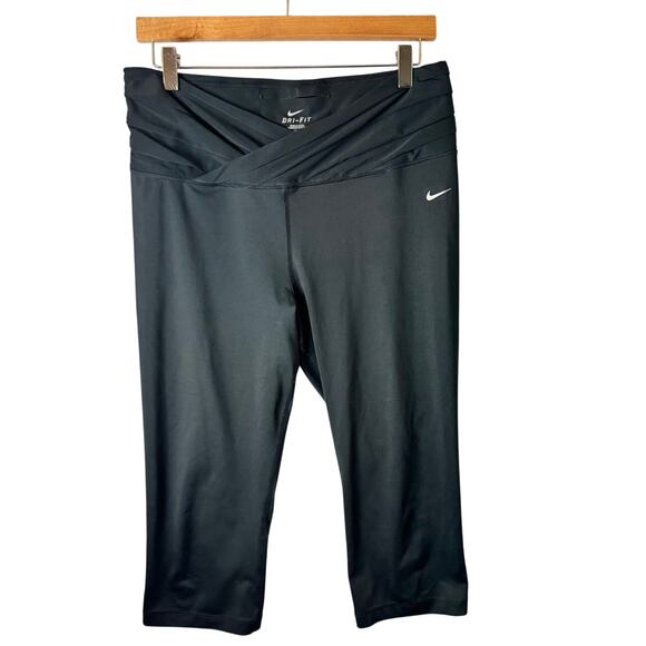 Nike Dri Fit Pants Women’s Large Wide Leg Crop Black Crisscross Front Yoga Gym - Picture 1 of 12